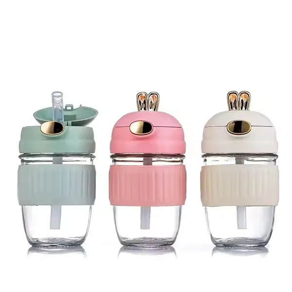Rabbit_Shape_Glass_360_ml_Water_Bottle,_Coffee_Cup_and_Juice_Mug_with_Lid_&_Straw,_Anti-Slip_Silicone_Band,_Leak-Proof_Travel_Cup_Sipper_Bottle_(Multicolor)