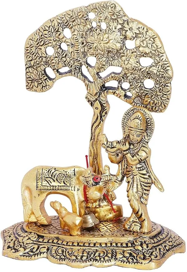 Krishna_with_Kamdhenu_Cow_Standing_Under_Tree_Plying_Flute_Gift_Item_Decorative_Showpiece_for_Home_and_Office_Decor_(Metal,_Gold)