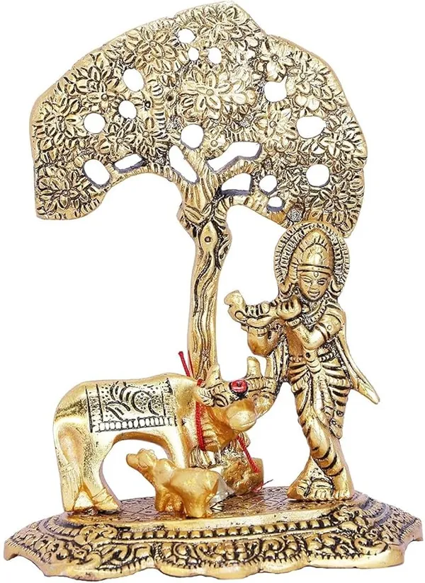 Krishna_with_Kamdhenu_Cow_Standing_Under_Tree_Plying_Flute_Gift_Item_Decorative_Showpiece_for_Home_and_Office_Decor_(Metal,_Gold)