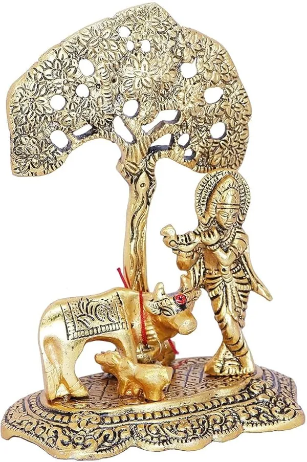Krishna_with_Kamdhenu_Cow_Standing_Under_Tree_Plying_Flute_Gift_Item_Decorative_Showpiece_for_Home_and_Office_Decor_(Metal,_Gold)
