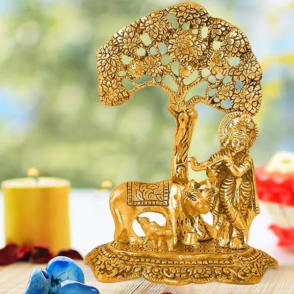 Krishna_with_Kamdhenu_Cow_Standing_Under_Tree_Plying_Flute_Gift_Item_Decorative_Showpiece_for_Home_and_Office_Decor_(Metal,_Gold)
