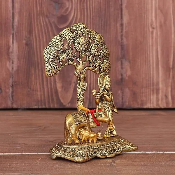 Krishna_with_Kamdhenu_Cow_Standing_Under_Tree_Plying_Flute_Gift_Item_Decorative_Showpiece_for_Home_and_Office_Decor_(Metal,_Gold)
