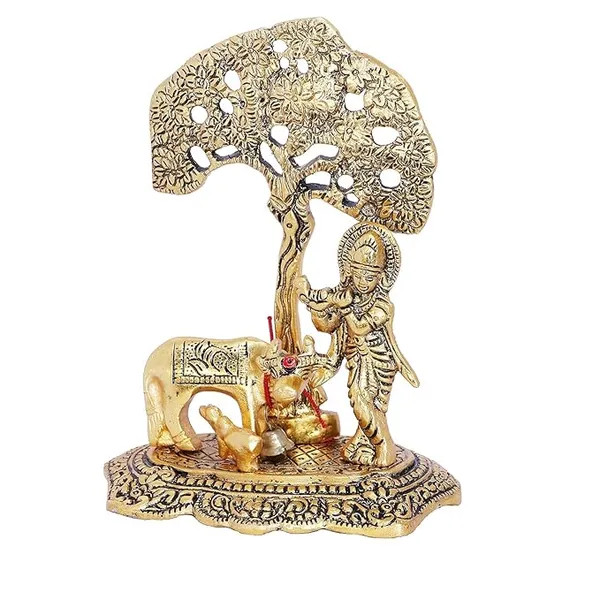 Krishna_with_Kamdhenu_Cow_Standing_Under_Tree_Plying_Flute_Gift_Item_Decorative_Showpiece_for_Home_and_Office_Decor_(Metal,_Gold)