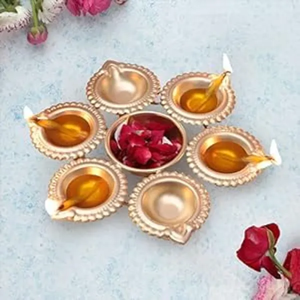 Diya_Shape_Flower__Decorative_Urli_Bowl_Handcrafted_for_Floating_Flowers_and_T_Light_Candles_Home,Office_and_Table_Decor|_Diwali_Decoration_Items_(7_Inches)_with_6_diyas