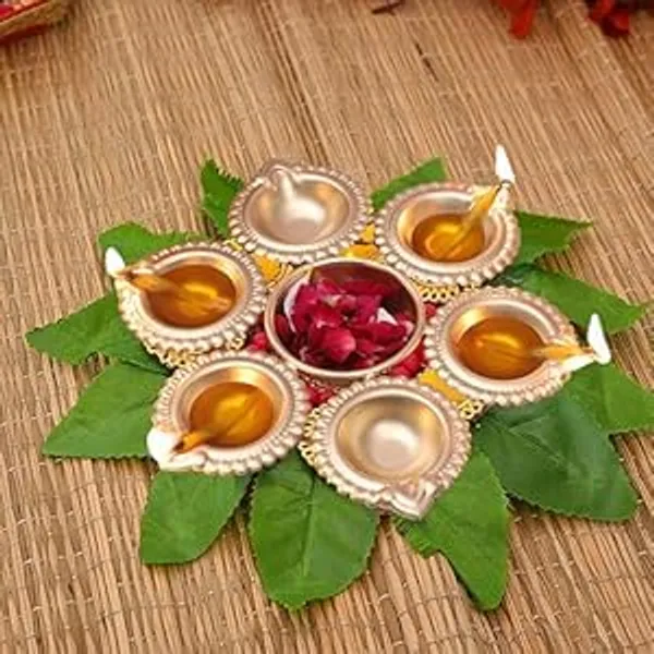 Diya_Shape_Flower__Decorative_Urli_Bowl_Handcrafted_for_Floating_Flowers_and_T_Light_Candles_Home,Office_and_Table_Decor|_Diwali_Decoration_Items_(7_Inches)_with_6_diyas