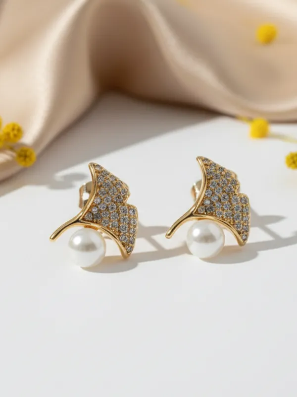Rose_Gold_Glam_Lady_Shell_And_Pearl_Stud_EarBrass_Ring_For_Women_For_Women