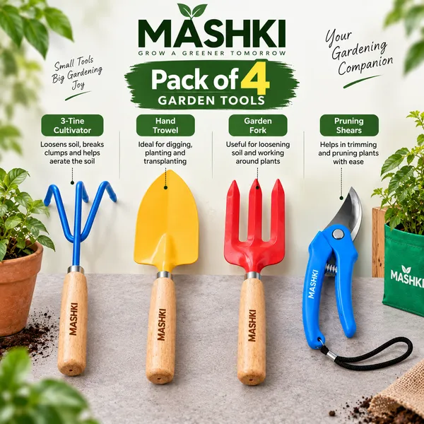 MASHKI_Garden_Tools_Set_Pack_of_4_|_Hand_Trowel,_3-Tine_Cultivator,_Garden_Fork_&_Pruning_Shears_|_Gardening_Tools_for_Home,_Balcony_&_Terrace_Gardening