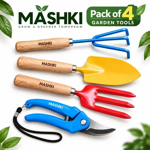 MASHKI_Garden_Tools_Set_Pack_of_4_|_Hand_Trowel,_3-Tine_Cultivator,_Garden_Fork_&_Pruning_Shears_|_Gardening_Tools_for_Home,_Balcony_&_Terrace_Gardening