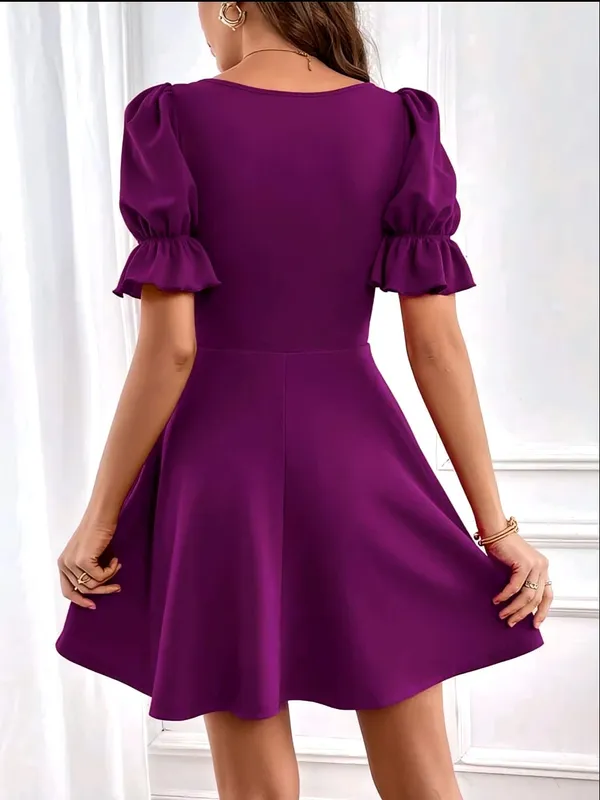 Women_Solid_Purple_Mini_Fit_and_Flare_Dress_Short_sleeve_Puff_sleeves