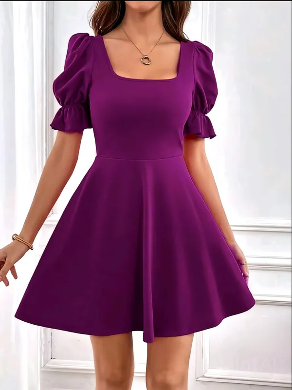 Women_Solid_Purple_Mini_Fit_and_Flare_Dress_Short_sleeve_Puff_sleeves