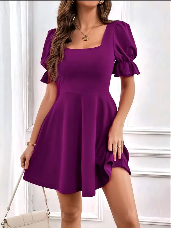 Women_Solid_Purple_Mini_Fit_and_Flare_Dress_Short_sleeve_Puff_sleeves