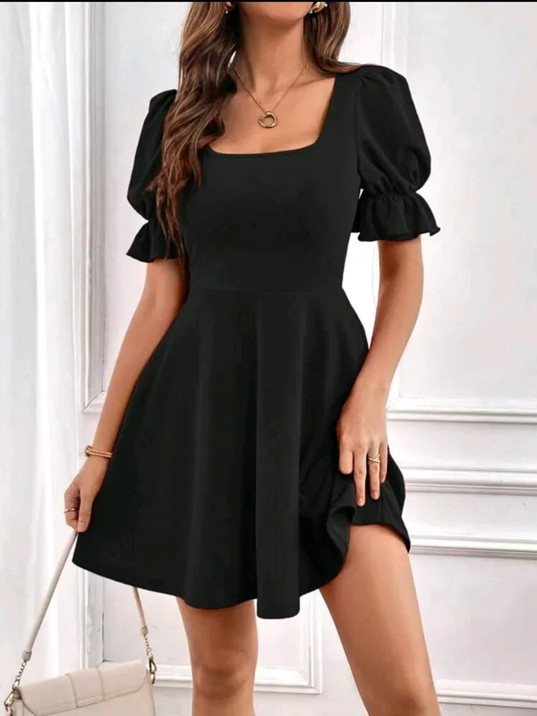 Women_Solid_Black_Mini_Fit_and_Flare_Dress_Short_sleeve_Puff_sleeves