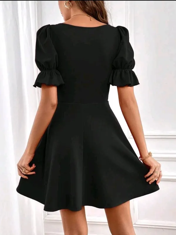 Women_Solid_Black_Mini_Fit_and_Flare_Dress_Short_sleeve_Puff_sleeves