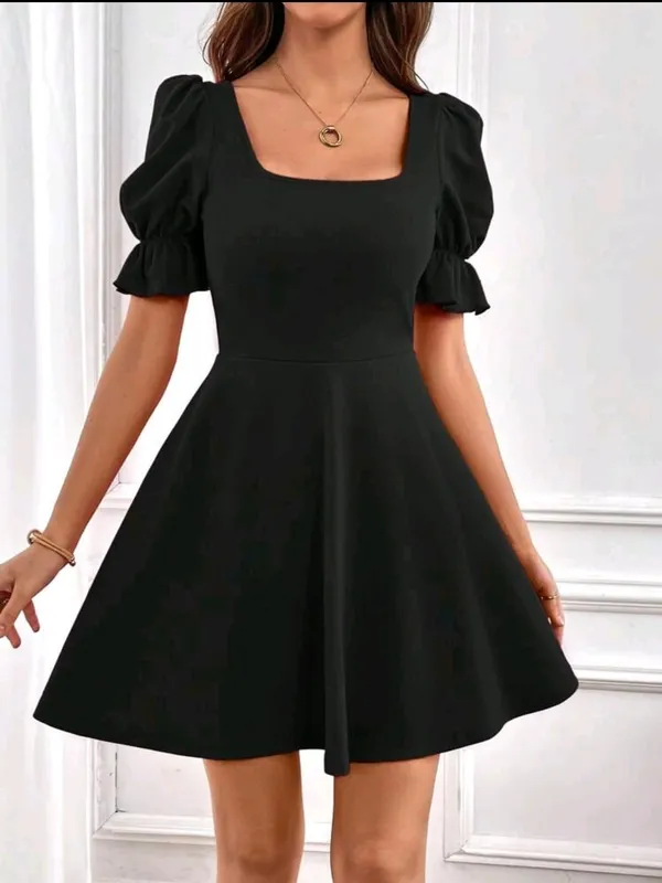 Women_Solid_Black_Mini_Fit_and_Flare_Dress_Short_sleeve_Puff_sleeves