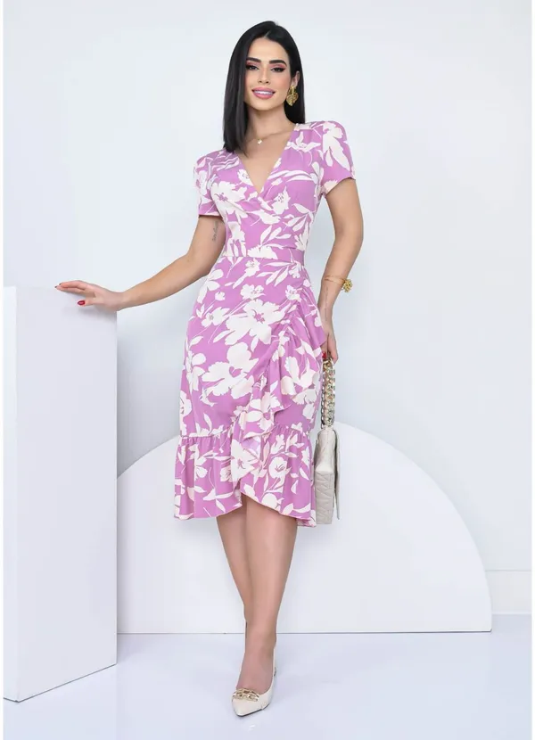 Women_Floral_Purple_Knee_Fit_and_Flare_Dress_Short_sleeve_Stylised_sleeves