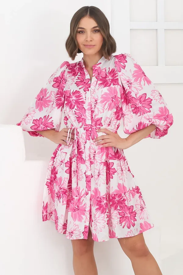 Women_Floral_Pink_Midi_Shirt_Dress_3/4th_sleeve_Puff_sleeves
