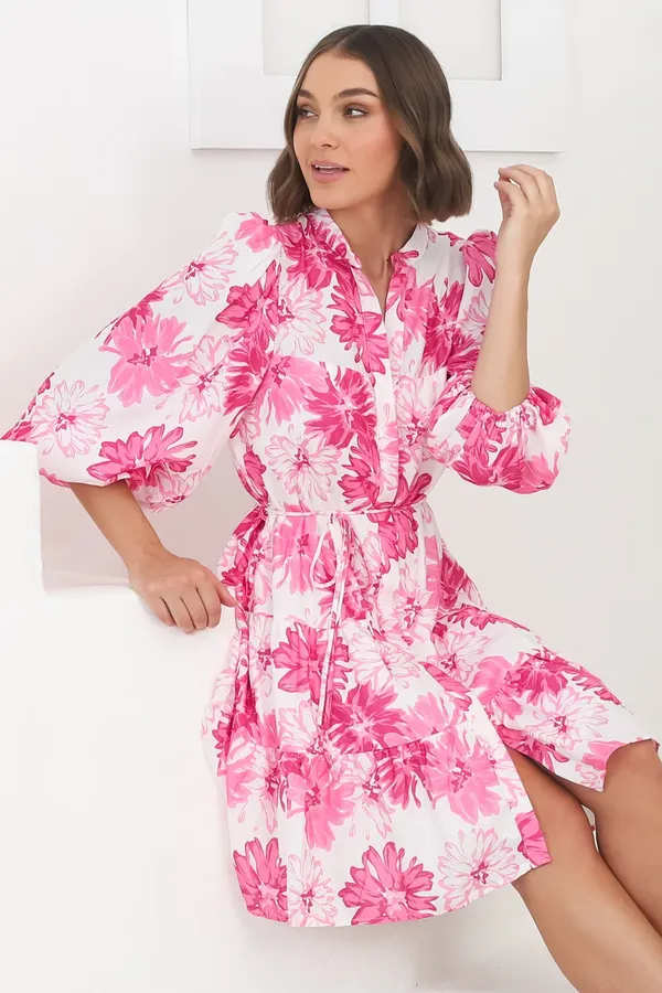 Women_Floral_Pink_Midi_Shirt_Dress_3/4th_sleeve_Puff_sleeves