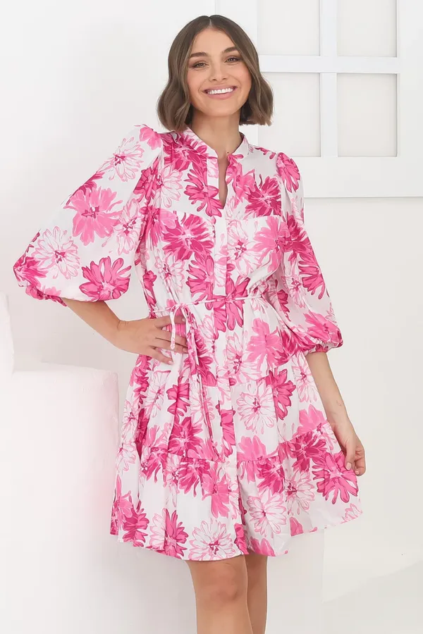 Women_Floral_Pink_Midi_Shirt_Dress_3/4th_sleeve_Puff_sleeves