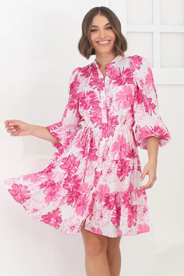 Women_Floral_Pink_Midi_Shirt_Dress_3/4th_sleeve_Puff_sleeves