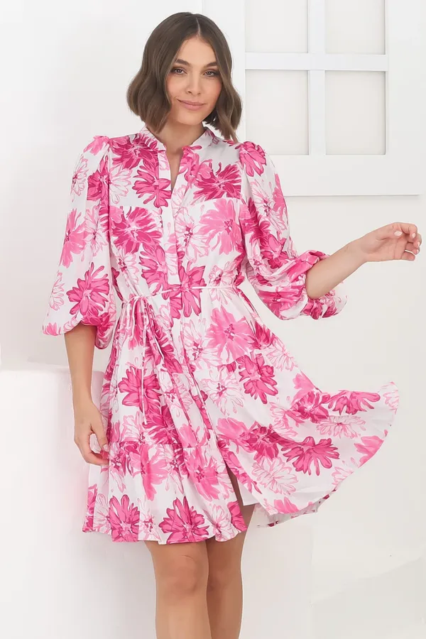 Women_Floral_Pink_Midi_Shirt_Dress_3/4th_sleeve_Puff_sleeves