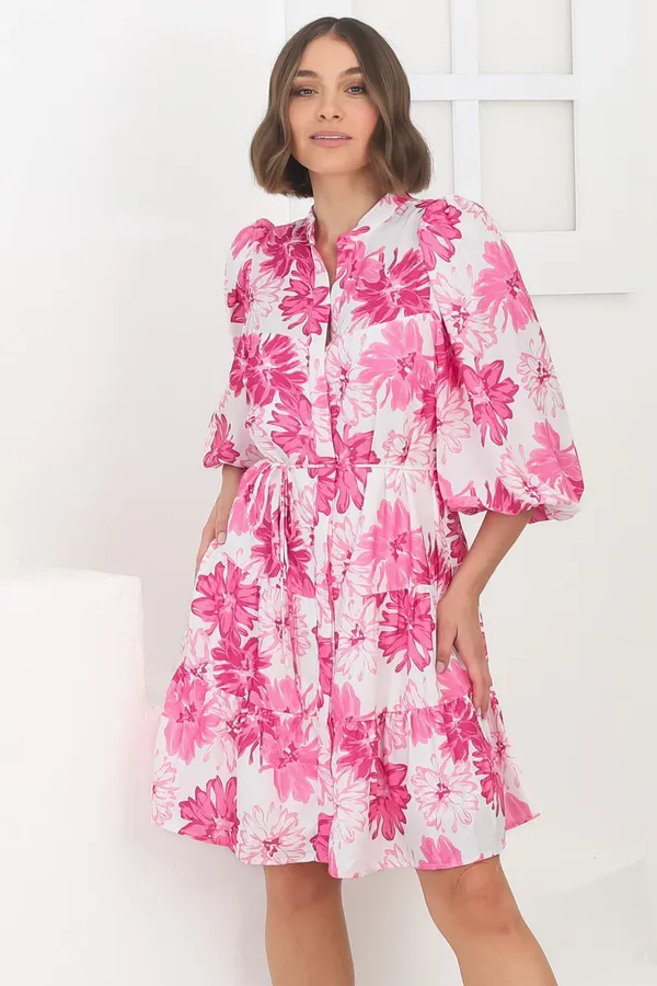 Women_Floral_Pink_Midi_Shirt_Dress_3/4th_sleeve_Puff_sleeves