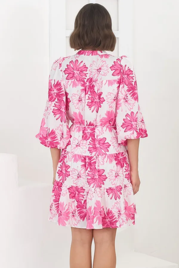 Women_Floral_Pink_Midi_Shirt_Dress_3/4th_sleeve_Puff_sleeves