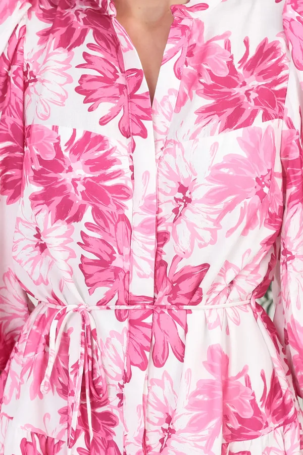 Women_Floral_Pink_Midi_Shirt_Dress_3/4th_sleeve_Puff_sleeves