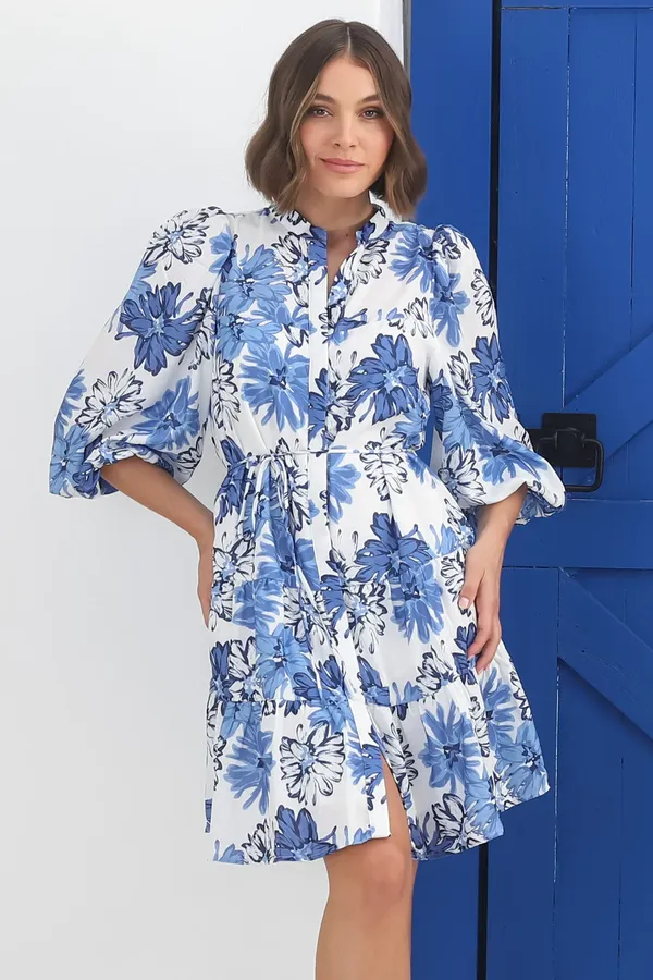 Women_Floral_Blue_Midi_Shirt_Dress_3/4th_sleeve_Puff_sleeves