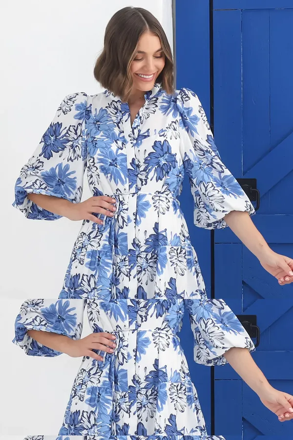 Women_Floral_Blue_Midi_Shirt_Dress_3/4th_sleeve_Puff_sleeves