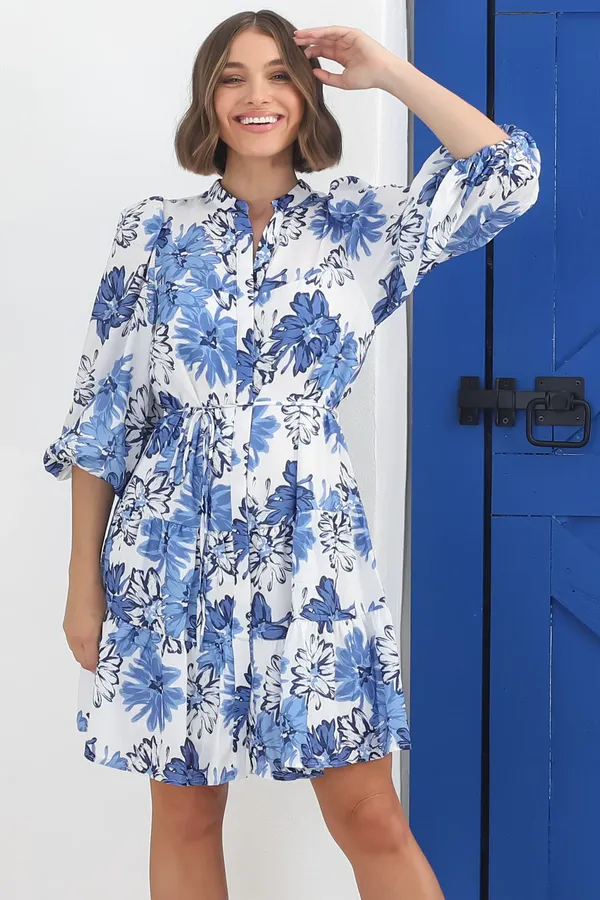 Women_Floral_Blue_Midi_Shirt_Dress_3/4th_sleeve_Puff_sleeves