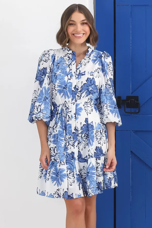 Women_Floral_Blue_Midi_Shirt_Dress_3/4th_sleeve_Puff_sleeves