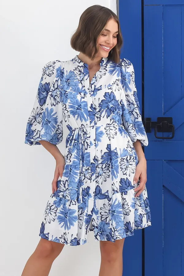 Women_Floral_Blue_Midi_Shirt_Dress_3/4th_sleeve_Puff_sleeves
