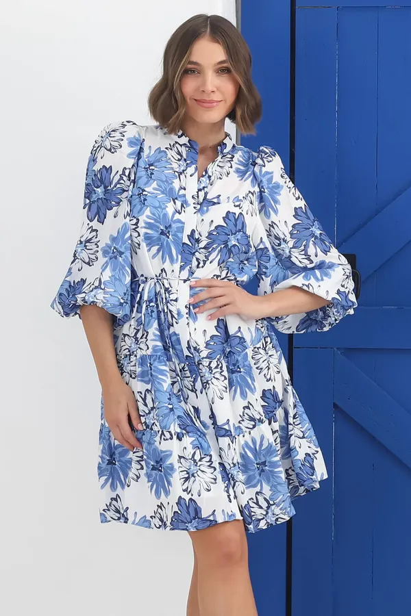 Women_Floral_Blue_Midi_Shirt_Dress_3/4th_sleeve_Puff_sleeves