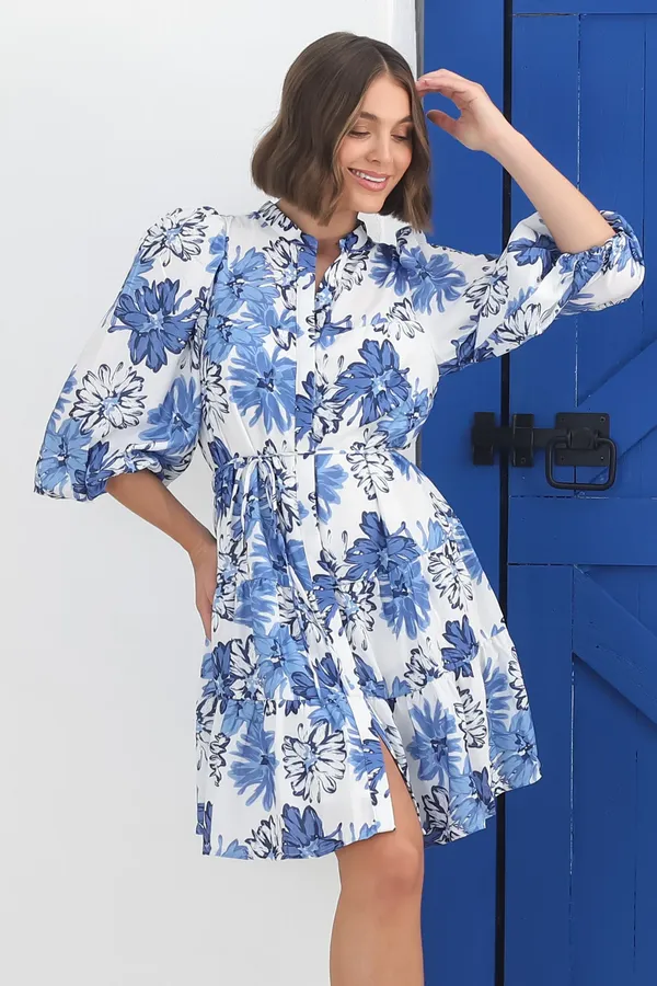 Women_Floral_Blue_Midi_Shirt_Dress_3/4th_sleeve_Puff_sleeves