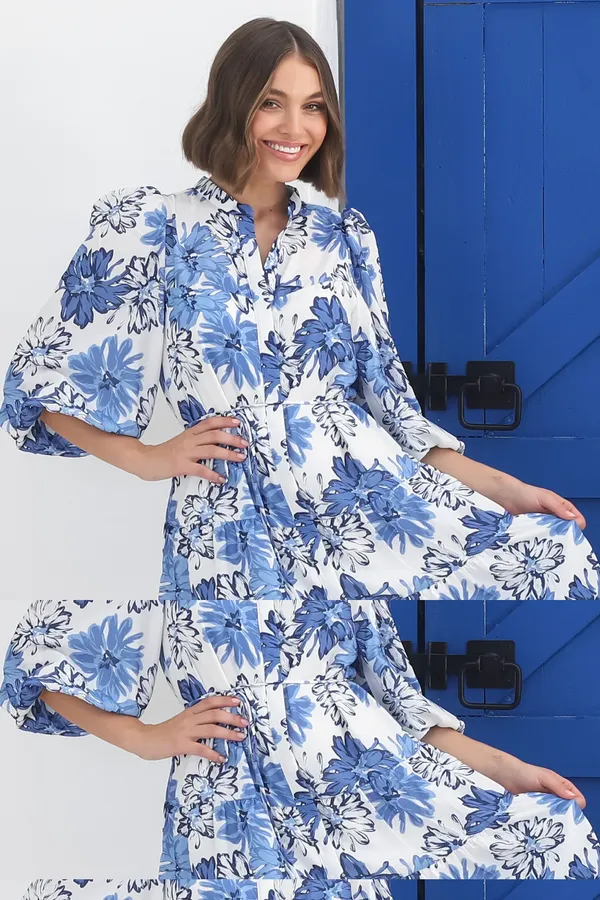 Women_Floral_Blue_Midi_Shirt_Dress_3/4th_sleeve_Puff_sleeves
