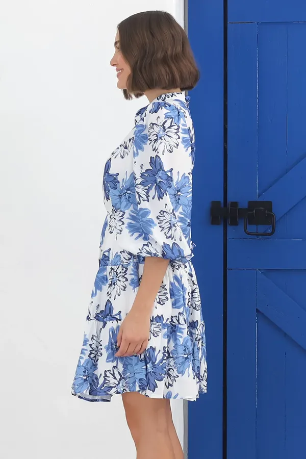 Women_Floral_Blue_Midi_Shirt_Dress_3/4th_sleeve_Puff_sleeves