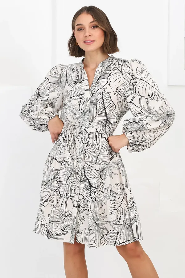 Women_Floral_Off_White_Midi_Shirt_Dress_Full-length_Puff_sleeves