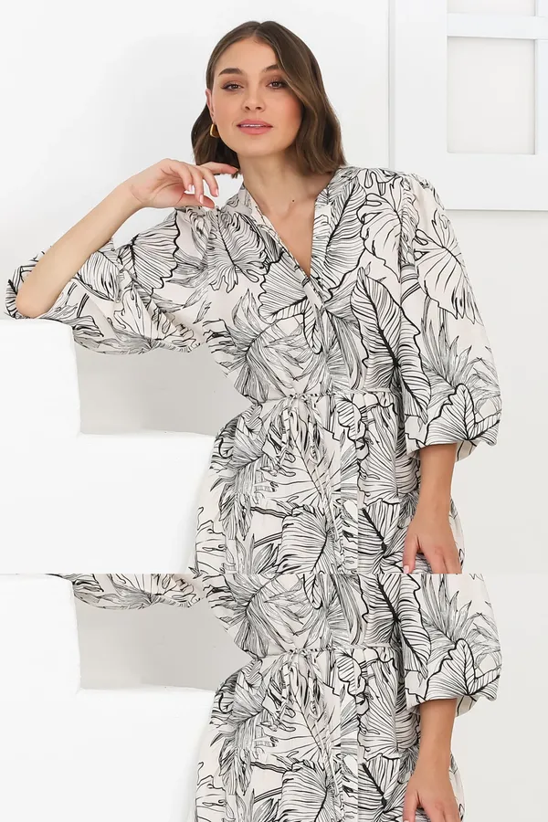 Women_Floral_Off_White_Midi_Shirt_Dress_Full-length_Puff_sleeves