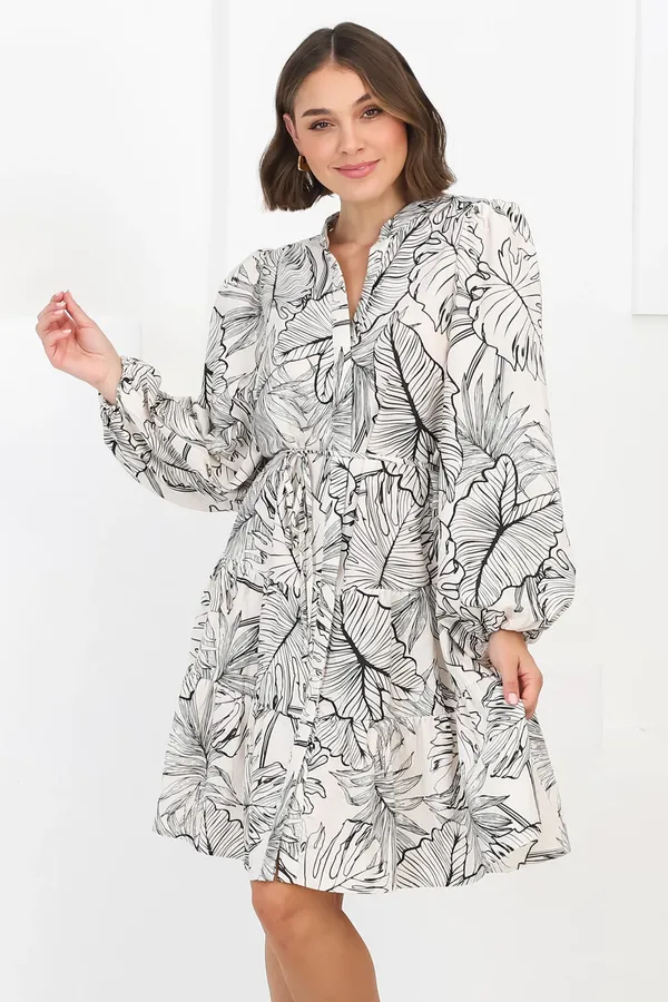 Women_Floral_Off_White_Midi_Shirt_Dress_Full-length_Puff_sleeves