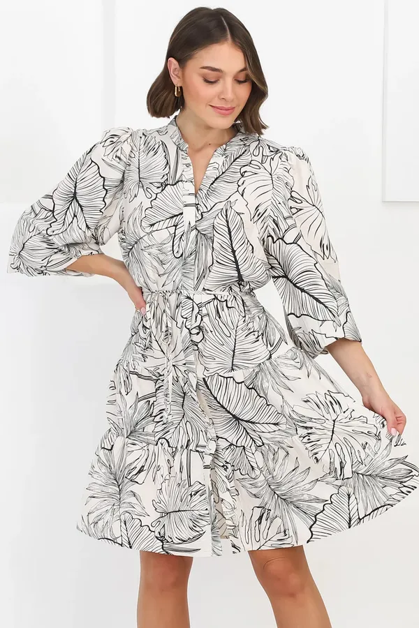 Women_Floral_Off_White_Midi_Shirt_Dress_Full-length_Puff_sleeves