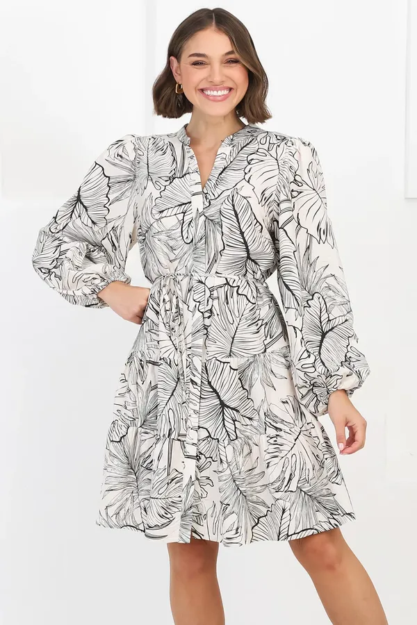 Women_Floral_Off_White_Midi_Shirt_Dress_Full-length_Puff_sleeves