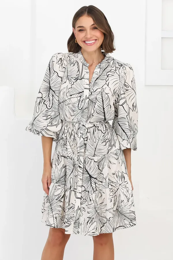 Women_Floral_Off_White_Midi_Shirt_Dress_Full-length_Puff_sleeves