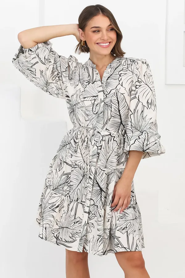 Women_Floral_Off_White_Midi_Shirt_Dress_Full-length_Puff_sleeves