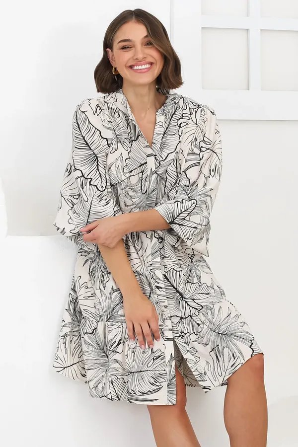 Women_Floral_Off_White_Midi_Shirt_Dress_Full-length_Puff_sleeves