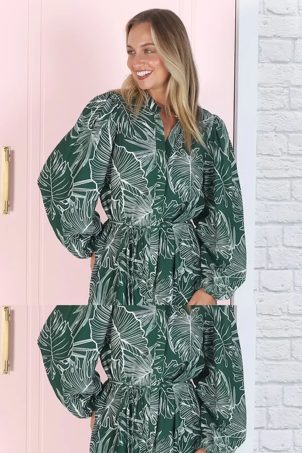 Women_Floral_Green_Midi_Shirt_Dress_Full-length_Puff_sleeves