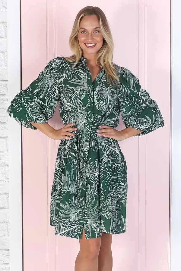 Women_Floral_Green_Midi_Shirt_Dress_Full-length_Puff_sleeves
