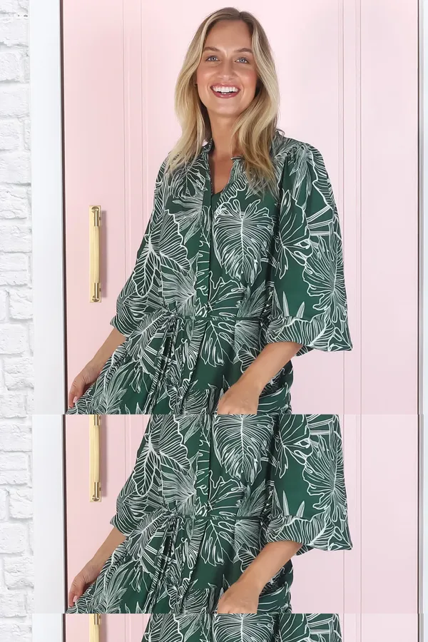 Women_Floral_Green_Midi_Shirt_Dress_Full-length_Puff_sleeves