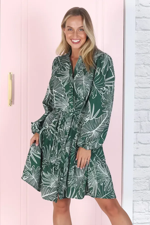 Women_Floral_Green_Midi_Shirt_Dress_Full-length_Puff_sleeves