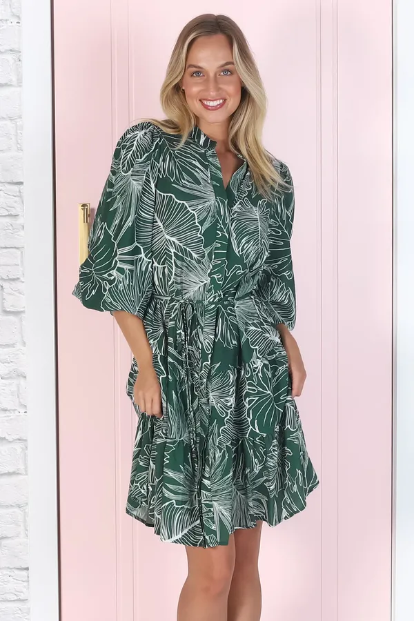 Women_Floral_Green_Midi_Shirt_Dress_Full-length_Puff_sleeves