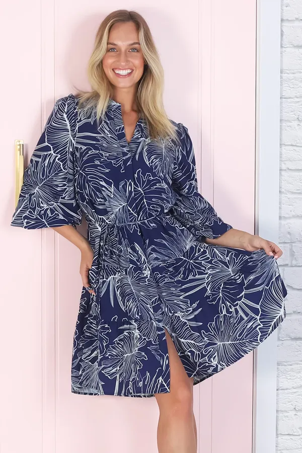 Women_Floral_Navy_Midi_Shirt_Dress_Full-length_Puff_sleeves